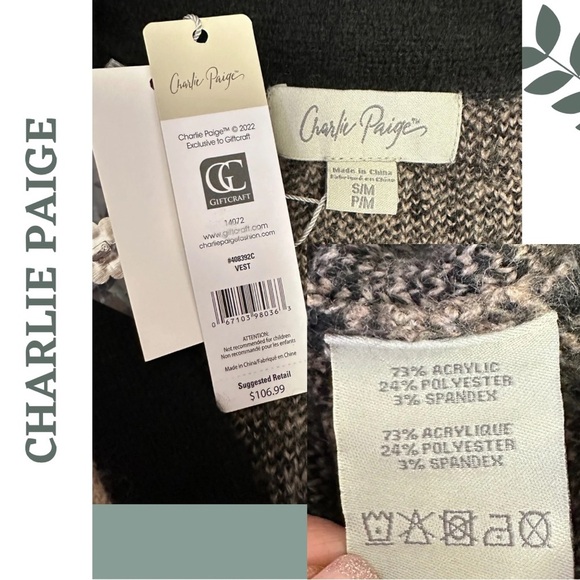 Charlie Paige Oversized Checker Sweater Vest Taupe Black Rhinestone Button XS - Picture 7 of 7